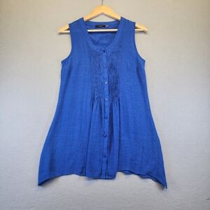 FYLO London Boho Semi-Sheer Blue Pintuck Sleeveless Button Front Tunic Top Med